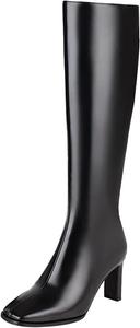 Женские сапоги до колена с высоким каблуком, квадратным носком и массивным каблуком, высокие сапоги с боковой молнией, длинные кожаные сапоги Generic, Black