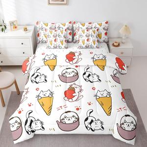 Erosebridal Комплект постельного белья Cat Ice Cream Kawaii Kitten с принтом клубники, Yellow White Red