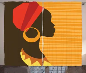 Штора ABAKUHAUS в стиле афро-рустик, Грация силуэта девушки, для спальни, со сборками, петлями и крючками, 280 x 175 см, темно-коричневый с бархатцами Abakuhaus