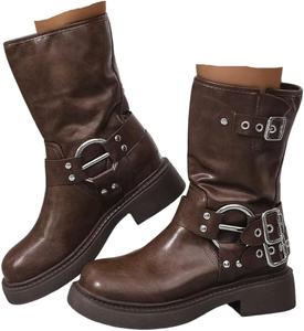 Женские байкерские ботильоны с пряжкой, квадратный носок, низкий широкий каблук, на платформе, ботинки для боевых стилей Generic, Brown 2