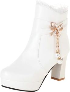 Уникальные женские ботильоны на высоком каблуке с толстой платформой, бантом, боковой молнией, круглым носком и кружевами, элегантная обувь для платья на зиму Uniquelly, White
