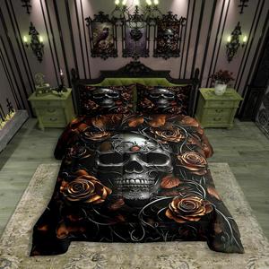 Erosebridal Готический комплект постельного белья с черепами, скелетами и оранжевыми розами в викторианском стиле, Black Orange