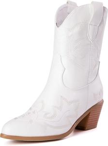 Женские ковбойские сапоги Alsoloveu, западные ботильоны с вышивкой, ковбойские сапоги средней высоты, с острым носком, на среднем каблуке, White