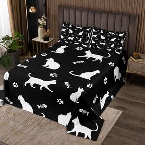 Erosebridal Комплект постельного белья White Cat с мультяшными котиками и принтом лапок, Black White