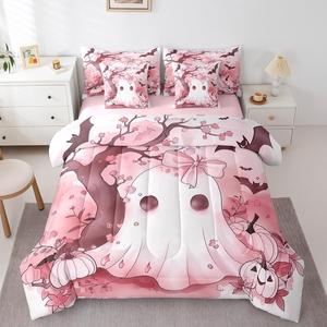 Erosebridal Комплект постельного белья Halloween Ghost Decor с розовым покрывалом и милыми привидениями, Pink White