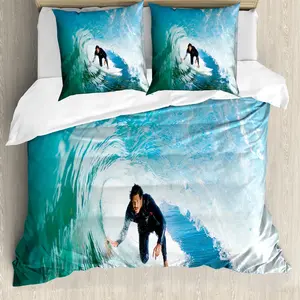 Пододеяльник ABAKUHAUS Ride the Wave, Wave-Surfer Sport, с защитой от клещей, подходит для аллергиков с наволочками, 155 см x 220 см - 80 x 80 см, небесно-голубой/белый Abakuhaus