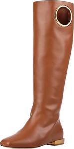 Женские модные сапоги YDN до колена, квадратный носок, длинные ботильоны, металлические кольца, плоская подошва, невысокий каблук, обувь без застежки, для вечеринок, выпускных, повседневная, размеры 4-16 US, Brown