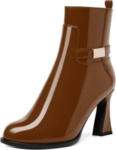 Ботинки NUMALEO Womens Sexy Patent Zip Metal Ankle Strap Night Club Round Toe Block High Heel Ankle High Boots 3.3 Inch, Brown