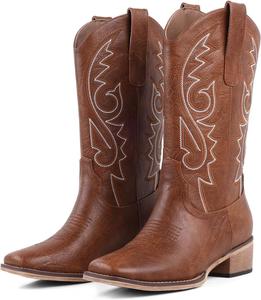 Женские ковбойские сапоги LingxiaUne, ковбойские сапоги средней высоты идеально подходят для танцев, музыкальных фестивалей и свадеб, Dark Brown