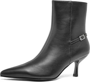 Женские кожаные ботильоны на низком каблуке с заостренным носком, маленьким каблуком-килтетом, боковой молнией и декоративной пряжкой, стиль осень, для работы, вечеринки или повседневной элегантности MELGONMG, Black