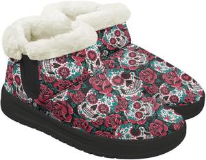 Женские зимние ботинки на щиколотку с меховой подкладкой, теплые зимние ботинки для женщин, обувь для модных зимних образов Fuojuvelie, Halloween Rose Skull