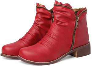 Женские винтажные кожаные водонепроницаемые ботинки на молнии, плиссированные ботильоны с боковой молнией, с круглым носком, короткие ботинки, зимние повседневные и нарядные обувь ZJWBB, Red