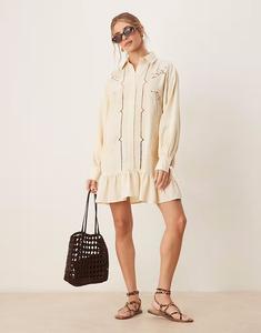 Платье-рубашка мини ASOS DESIGN из твила с вышивкой в ​​тон цвета экрю