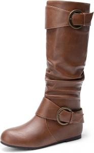 Женские сапоги DREAM PAIRS до колена с низким скрытым клином, замшевые, с искусственным мехом, боковая молния, пряжка, Light Brown