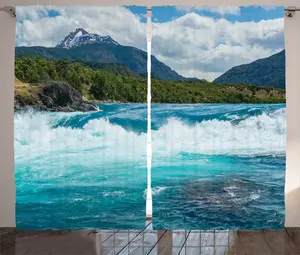 Штора для спальни ABAKUHAUS Деревенский пейзаж, Облачные горы, с присборенной лентой, петлями и крючками, 280 x 225 см, цвет: синий, зеленый, белый, серый Abakuhaus