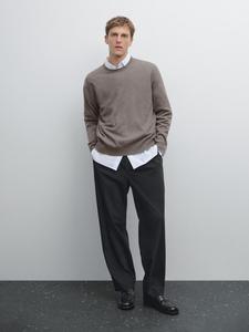 Кашемировый вязаный свитер с круглым вырезом Massimo Dutti, Dark Khaki