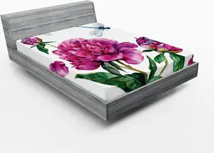 Простыня на резинке ABAKUHAUS с цветочным рисунком, акварельные пионы и стрекозы, цветущая весна с романтическим женственным букетом, 160 x 200 см, разноцветная Abakuhaus