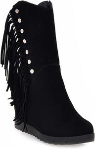 Женские ботильоны VOKLIN с круглым носком, бахромой, скрытой высокой танкеткой, боковой молнией и короткими кисточками, Black-Velvet Lined
