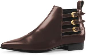 Женские туфли YDN с заостренным носком, на плоской подошве, ботильоны до щиколотки, эластичные, с низким каблуком, тройными пряжками, офисные и повседневные, размеры US 4-16, Brown