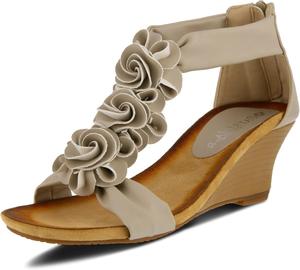 Женские сандалии на танкетке PATRIZIA HARLEQUIN с ремешком на щиколотке и T-образным ремешком - Цветочный дизайн, мягкая стелька, застежка на молнии сзади, бежевый