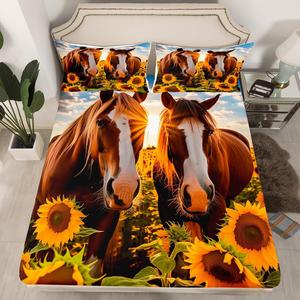 Erosebridal Комплект постельного белья Horse с принтом подсолнухов в деревенском стиле, Brown Yellow