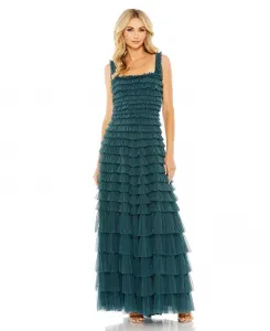 Женское платье из фактурной сетки с оборками по всей поверхности и квадратным вырезом Mac Duggal, синий