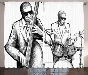 Штора ABAKUHAUS в черно-белом деревенском стиле, с рисунком джаз-музыканта, для спальни, со сборками, петлями и крючками, 280 x 175 см, цвет: белый, черный Abakuhaus