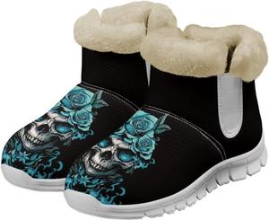 Зимние ботинки chaqlin Skull из флиса с плюшем для женщин, легкие, с противоскользящей подошвой, повседневные, на плоском каблуке, для работы, езды на велосипеде и походов, Roses Fire Skull Head