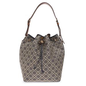 TORY BURCH Монограмма T из ткани с кожаной отделкой, ведерко, женская сумка через плечо обычного размера, бежевая