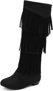 Женские ковбойские сапоги с бахромой, замшевые, до колена, вестерн, с невысоким каблуком, с кисточками, для верховой езды Generic, Black