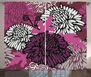 Штора ABAKUHAUS Георгин в деревенском стиле, с крупными бутонами из лепестков, присборенная тесьма для спальни с петлями и крючками, 280 x 175 см, нежно-розовый, баклажаново-белый