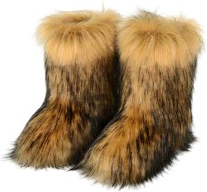 Женские сапоги с искусственным мехом, пушистые, теплые зимние снегоступы, модные с круглым носком, на молнии, короткие ботильоны до середины голени, удобные повседневные уличные туфли на плоской подошве Generic, Brown