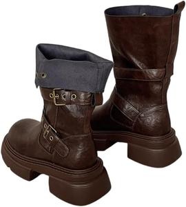 Женские ретро массивные сапоги средней длины - стильные и универсальные, противоскользящие и прочные, подходят для улицы и повседневного использования. Clolinde, Brown