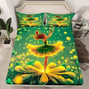 Erosebridal Комплект постельного белья Little Ballet Girls с зелеными балеринами и блестками, Green Yellow