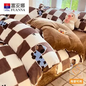 Fuanna Пододеяльник 150х200 см из молочного вельвета, утолщенный, двусторонний флис, клетка с таксой