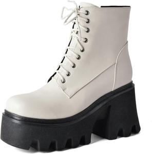 Женские платформенные боевые ботинки Shinelly с круглым носком, шнуровкой и массивным каблуком до щиколотки, White