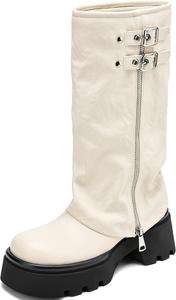 Женские высокие сапоги до колена с массивной платформой, мото-сапоги с мягкой складкой, широкие голенища, байкерские сапоги с модной пряжкой TEAIEUI, White
