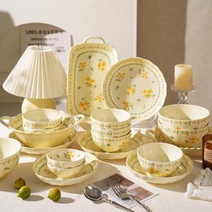 CERAMICS Набор керамических тарелок и мисок с подглазурной росписью, 7 предметов, для 2 персон, Spring Delight