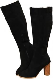 Женские замшевые сапоги до колена с массивным каблуком, свободным верхом и модной боковой молнией Generic, Black