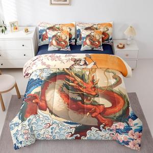 Erosebridal Комплект постельного белья Japanese Style с принтом морских волн и сакуры для детей, Beige Navy Red Green