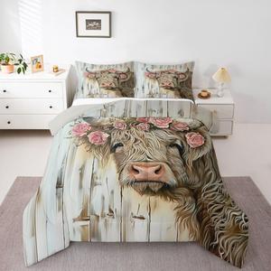 Erosebridal Комплект постельного белья Highland Cow с принтом коров и цветов в пастельных тонах, мягкий и теплый, Brown Pink