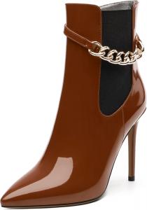 Женские ботильоны, короткие ботинки с высоким каблуком и заостренным носком, боковая молния, модный ремешок с цепочкой RLYGHWAO, Dark Brown Patent
