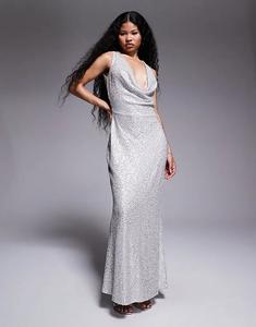 Платье макси TFNC Petite с воротником-хомутиком и открытой спиной, расшитое серебристыми пайетками