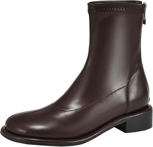 Элегантные женские ботильоны с круглым носком, простой однотонный цвет, с молнией и низким устойчивым каблуком XIEPP, Brown