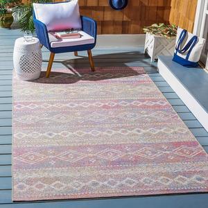 Ковер SAFAVIEH, 201 x 201 см, Summer Collection - квадратный, Ivory & Pink, дизайн Boho, без линьки и простой в уходе, для помещений и улицы, моющийся - идеально для патио, заднего двора, прихожей (SMR498A)