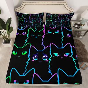 Erosebridal Комплект постельного белья Cartoon Neon Black Cat с водяными котятами в стиле кавай, Multi 46