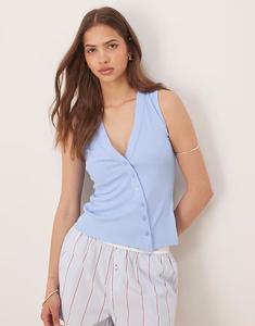 Удлиненная асимметричная майка Abercrombie & Fitch с отделкой в ​​рубчик на пуговицах синего цвета