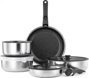 Набор кастрюль и сковородок из нержавеющей стали, совместимых с индукционной плитой, керамических, с антипригарным покрытием, штабелируемых, со стеклянными крышками Sonstige