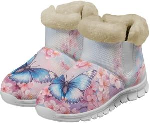 Зимние ботинки до щиколотки chaqlin Cherry Blossom Snow для женщин с плоским каблуком, противоскользящие, легкие, с флисовым мехом, повседневные для улицы и походов, Blue Butterfly Cherry Blossom