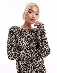 Топ с длинными рукавами и плиссе с леопардовым принтом Pieces, леопардовый